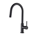 Raymor Projix black pull-out sink mixer tap with curved gooseneck spout and single lever handle, front view