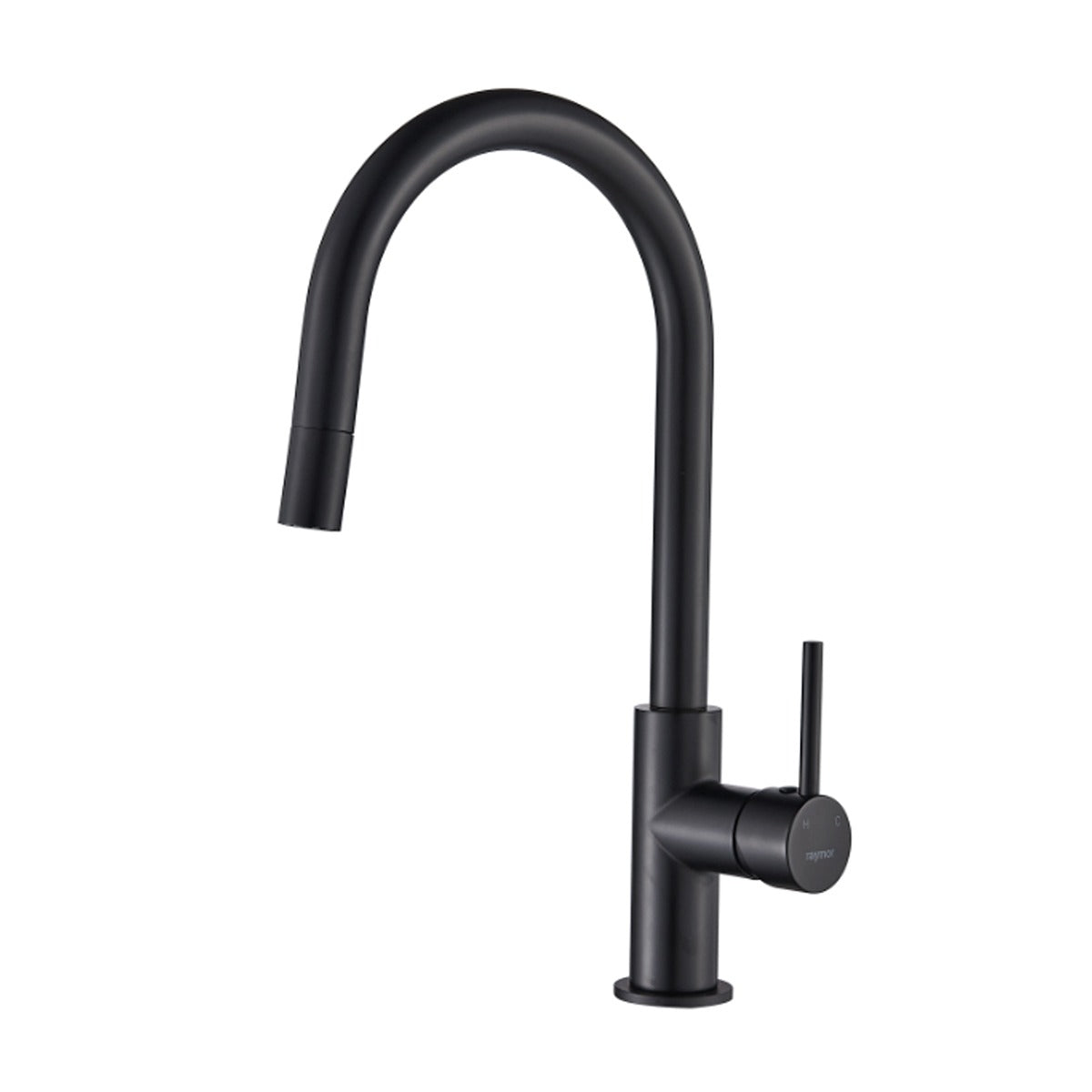 Raymor Projix black pull-out sink mixer tap with curved gooseneck spout and single lever handle, front view