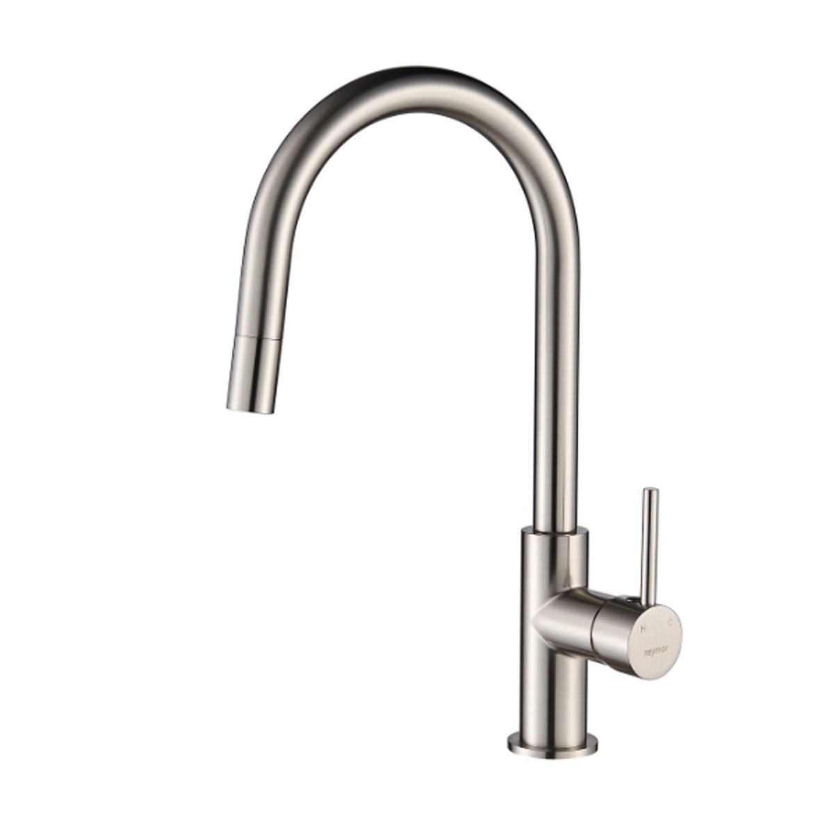 Raymor Projix brushed nickel pull-out sink mixer with high curved swivel spout and pin lever handle on white background