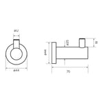 Raymor Projix black robe hook technical drawing, showing front and side views with 44mm size and 75mm projection dimension lines