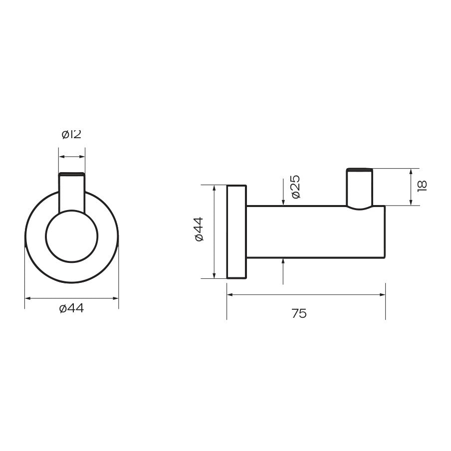 Raymor Projix black robe hook technical drawing, showing front and side views with 44mm size and 75mm projection dimension lines