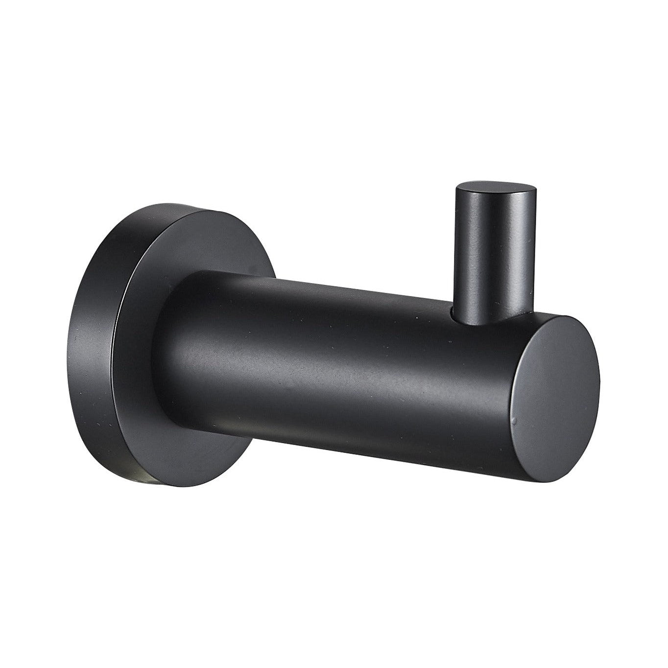 Raymor Projix black robe hook, wall-mounted cylindrical bathroom accessory on white background