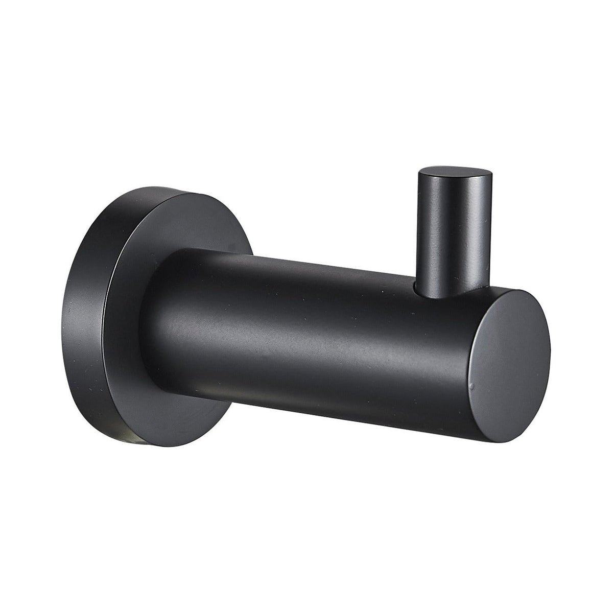 Raymor Projix black robe hook, wall-mounted cylindrical bathroom accessory on white background
