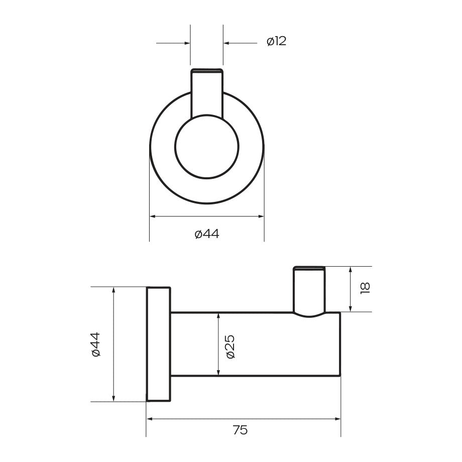 Raymor Projix robe hook technical drawing in brushed nickel, showing front and side dimensions and wall plate detail