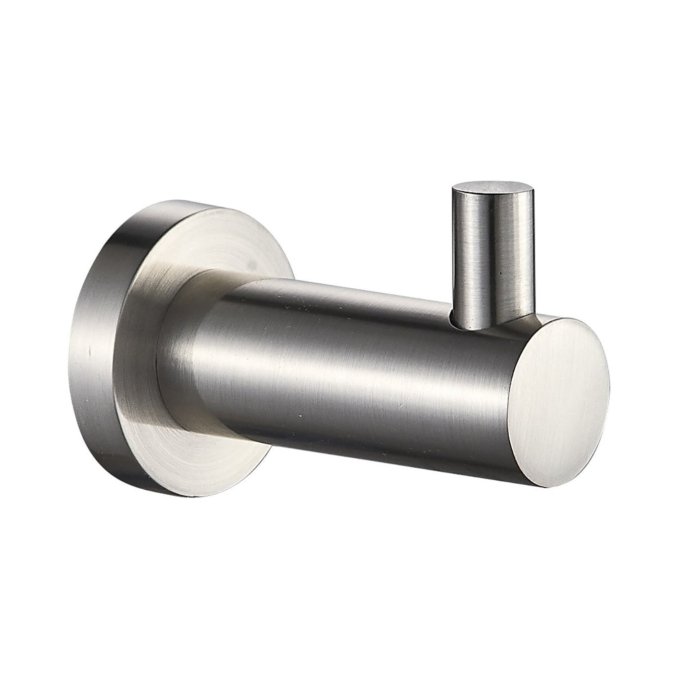 Raymor Projix brushed nickel robe hook, wall-mounted cylindrical bathroom hook on white background