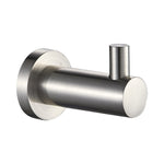 Raymor Projix brushed nickel robe hook, wall-mounted cylindrical bathroom hook on white background