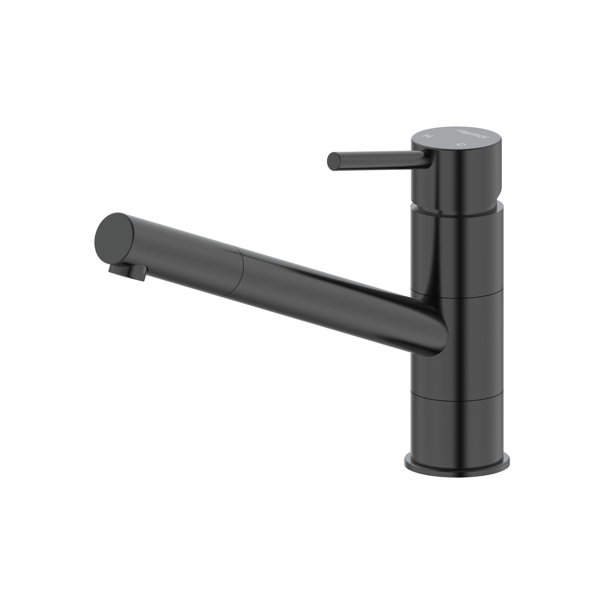 Raymor Projix black sink mixer tap with pin lever handle and swivel spout, shown on white background