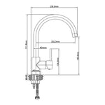 Raymor Projix black gooseneck sink mixer technical drawing with dimensions and swivel spout measurements