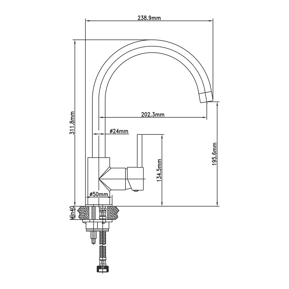 Raymor Projix black gooseneck sink mixer technical drawing with dimensions and swivel spout measurements