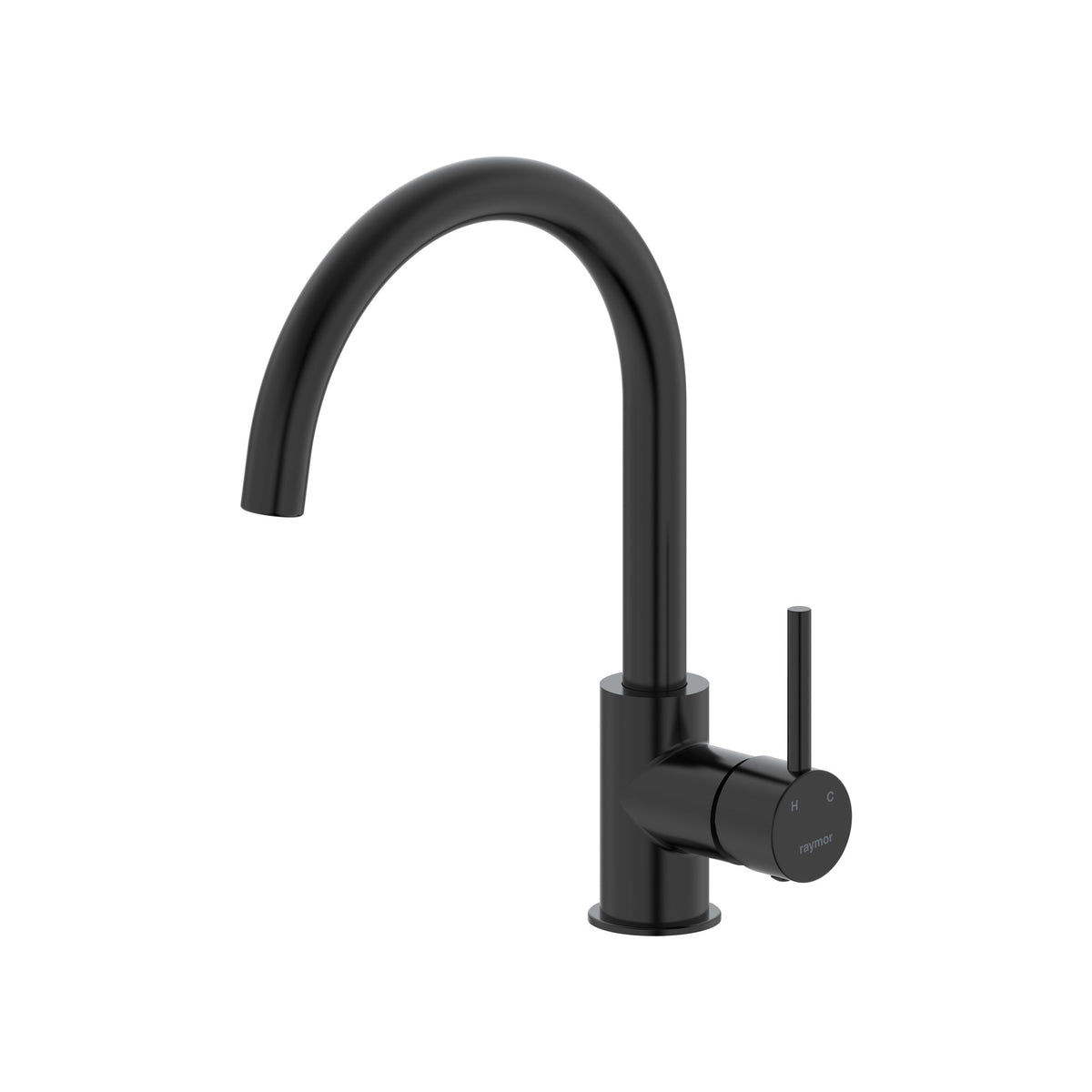 Raymor Projix black gooseneck sink mixer tap with pin lever handle, shown on white background