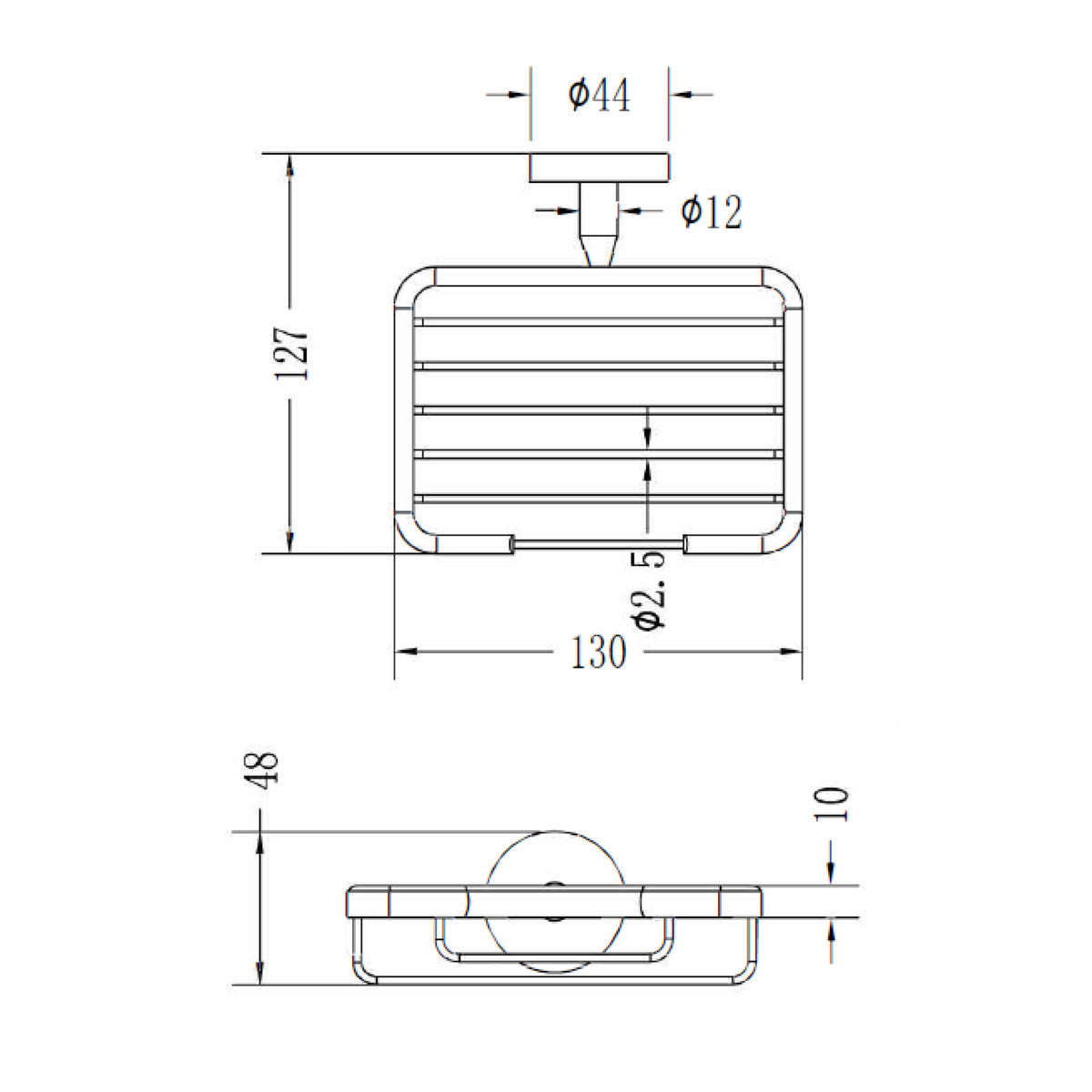 Technical drawing of Raymor Projix chrome soap basket with dimensions and wall-mount details