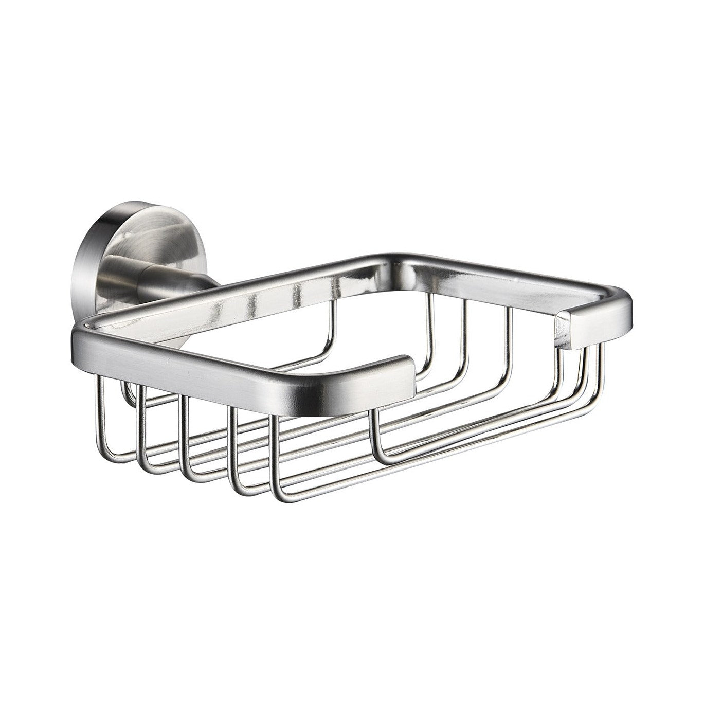 Raymor Projix brushed nickel wall-mounted soap holder with wire basket dish for bathroom