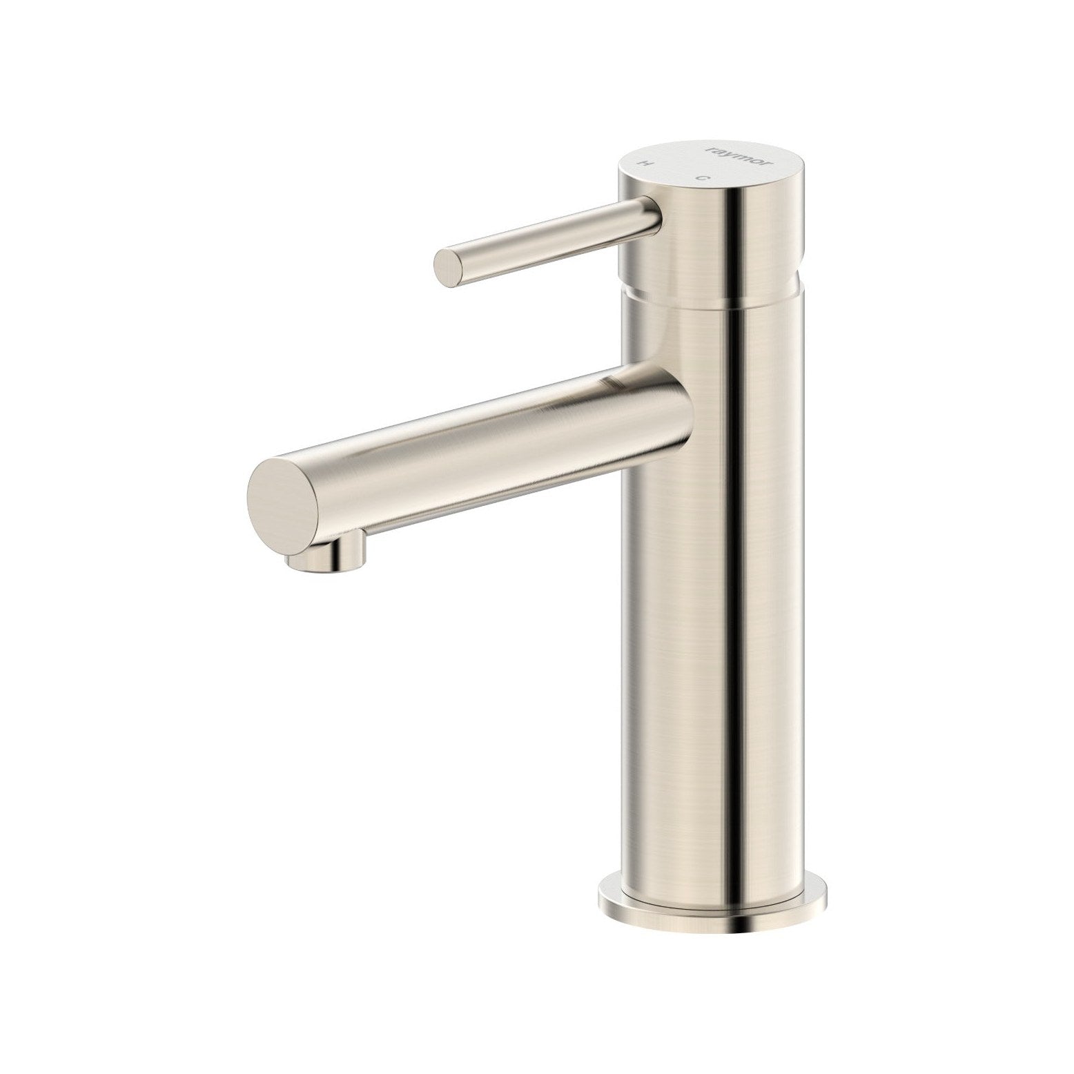 Raymor Projix brushed nickel basin mixer with straight spout and pin lever, shown on white background