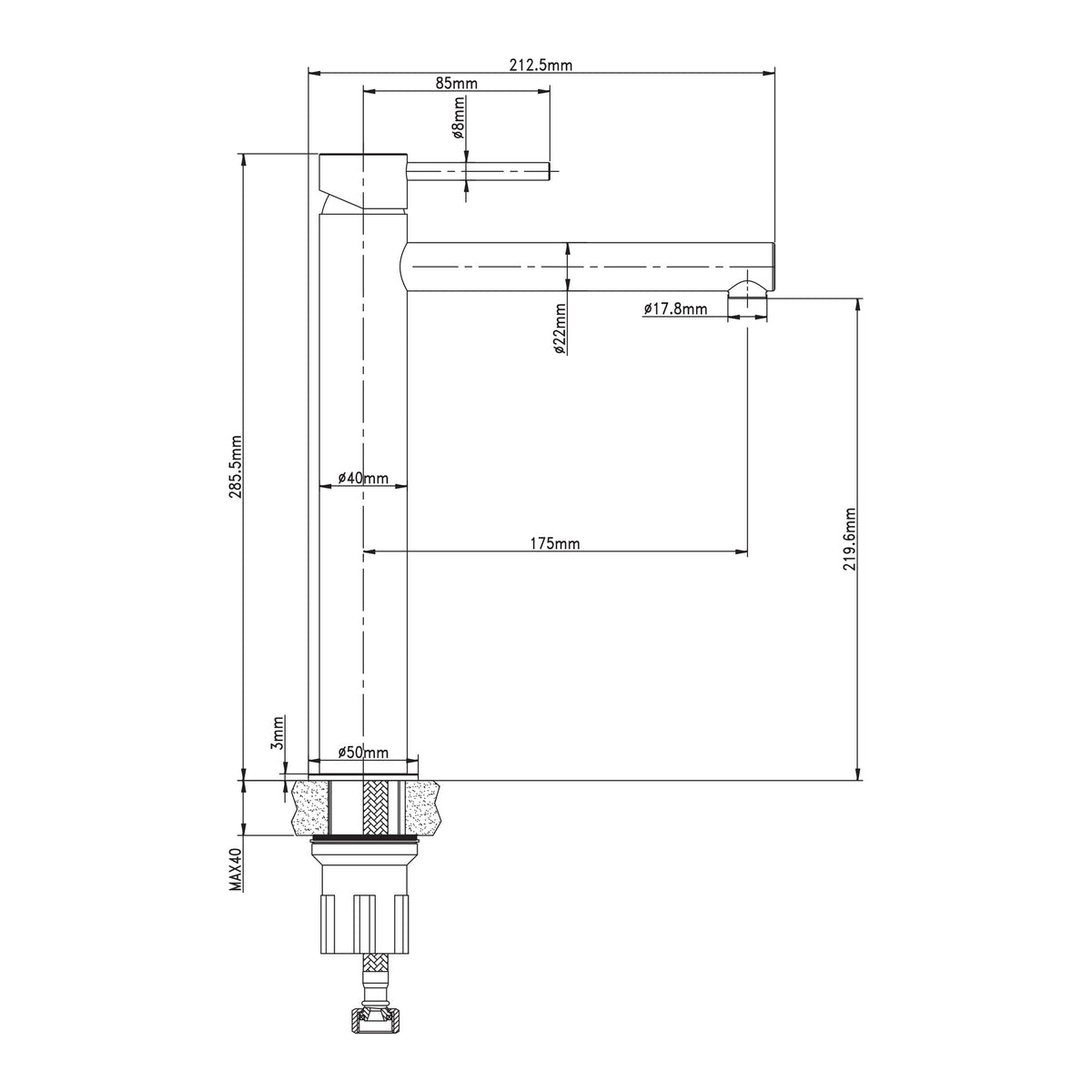 Raymor Projix straight basin mixer tower technical drawing in black, showing dimensions and side view with single lever handle