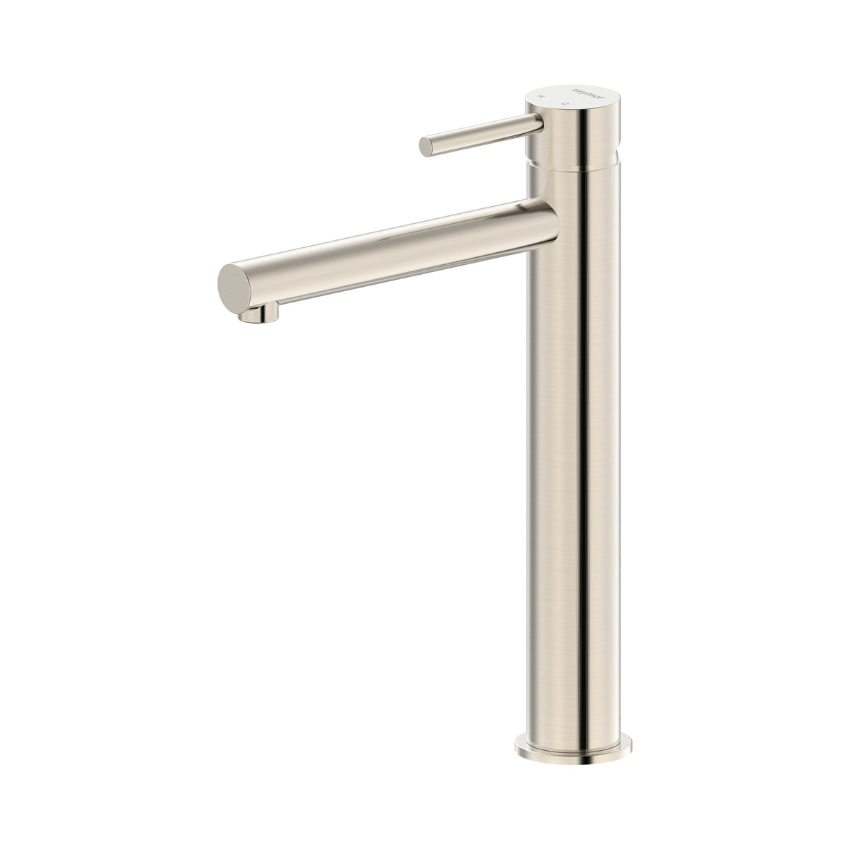 Raymor Projix tower basin mixer in brushed nickel, with straight spout and pin lever handle on white background