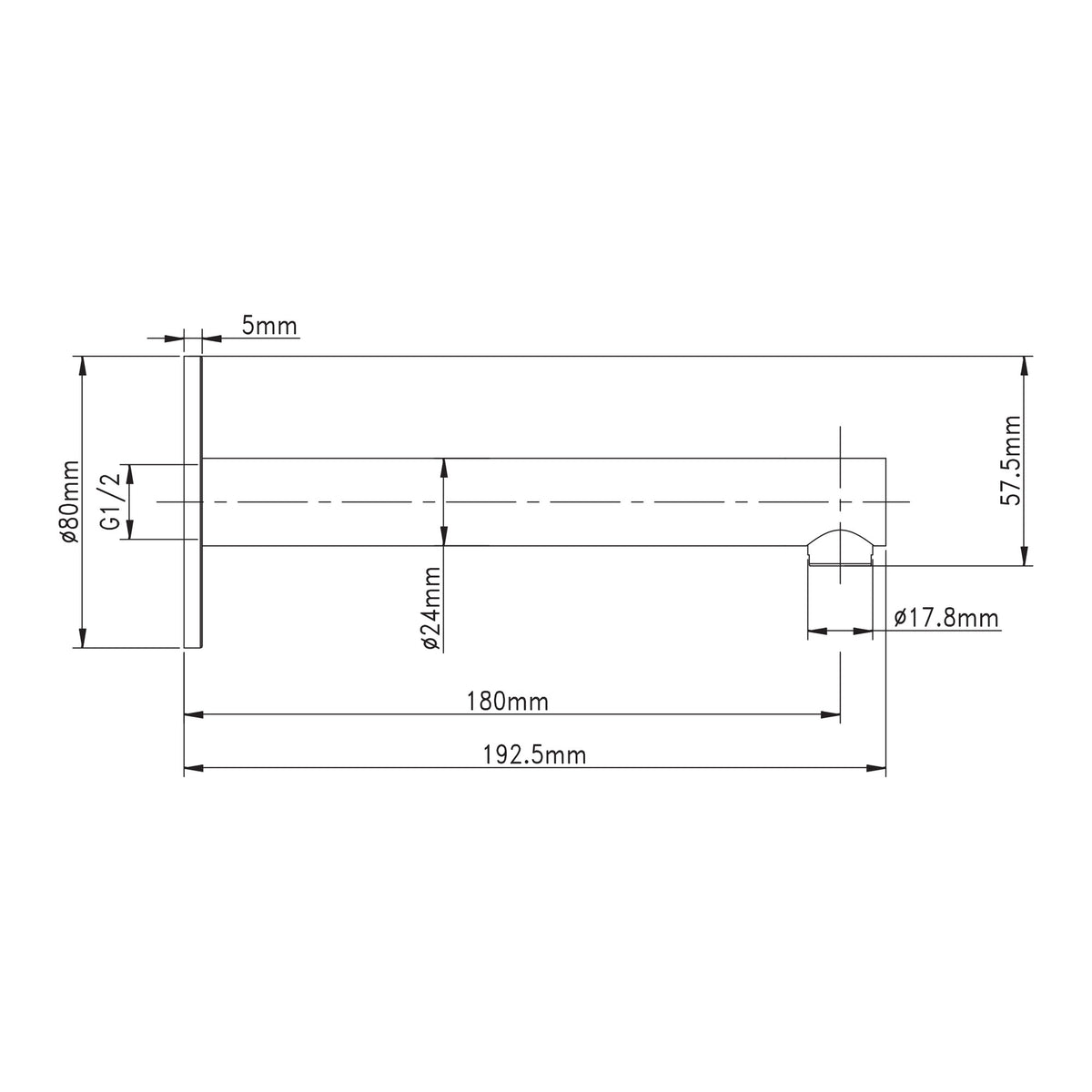 Raymor Projix straight basin or bath spout technical drawing, black, 180mm reach, side view with dimensions
