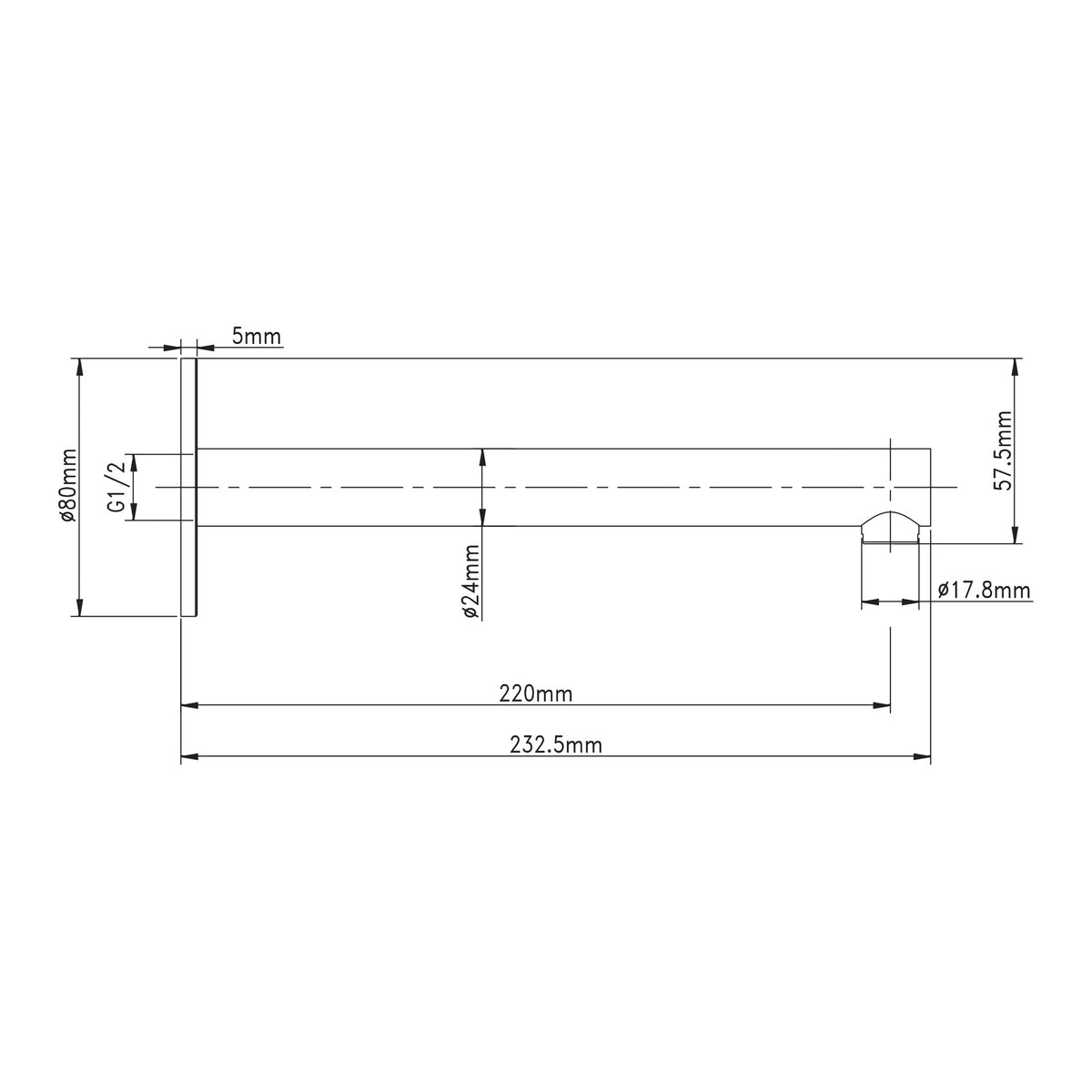 Technical drawing of Raymor Projix straight basin or bath spout, showing 220mm reach and dimensions in mm