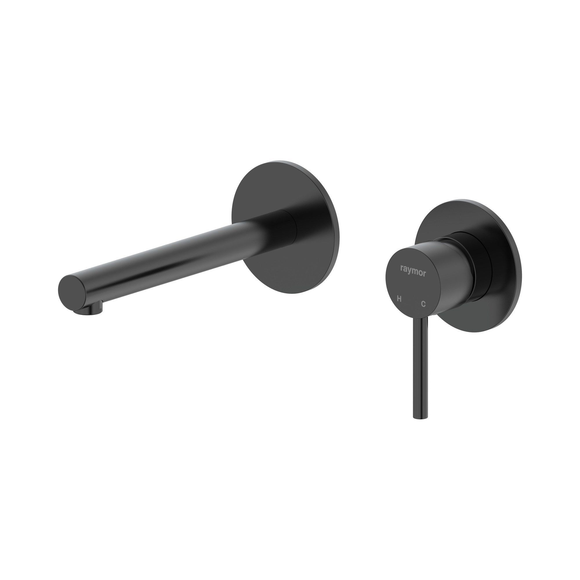 Raymor Projix black wall mixer set with straight 180mm spout, wall-mounted tap set on white background