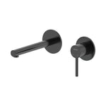 Raymor Projix black wall mixer set with straight 180mm spout, wall-mounted tap set on white background