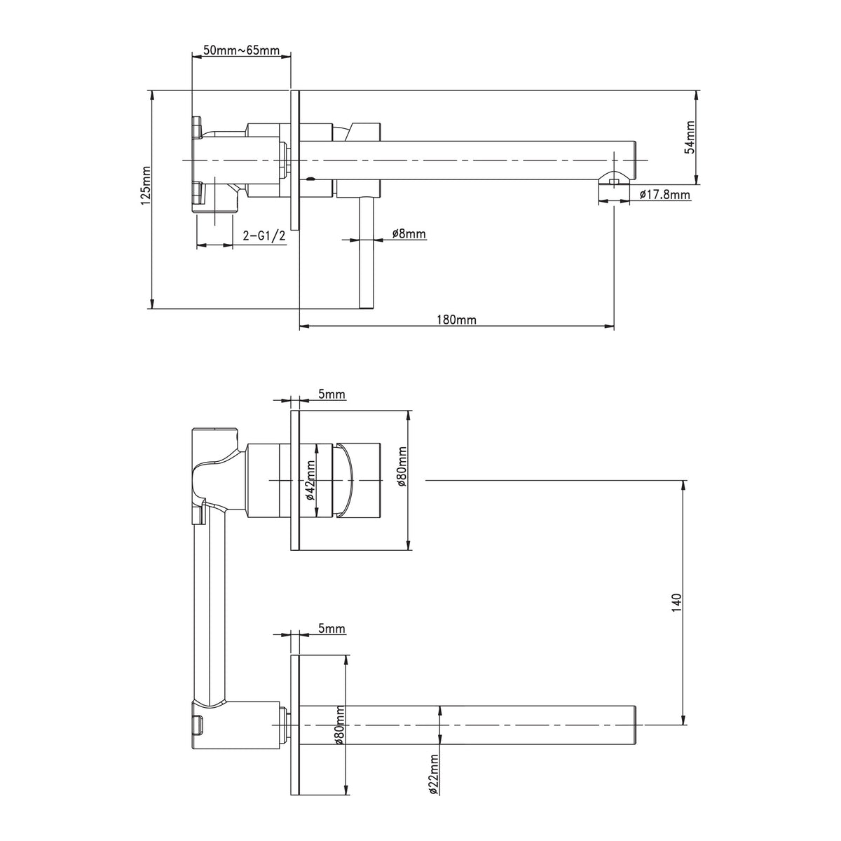 Technical drawing of Raymor Projix straight wall mixer set, showing 180mm spout dimensions in brushed nickel finish