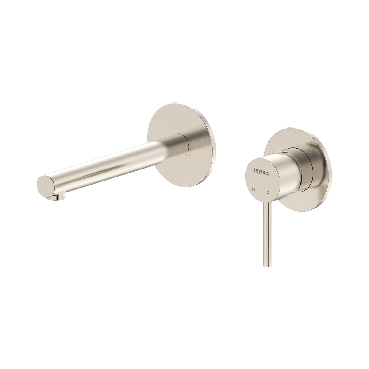 Raymor Projix wall mixer set with straight 180mm spout in brushed nickel, shown on white background
