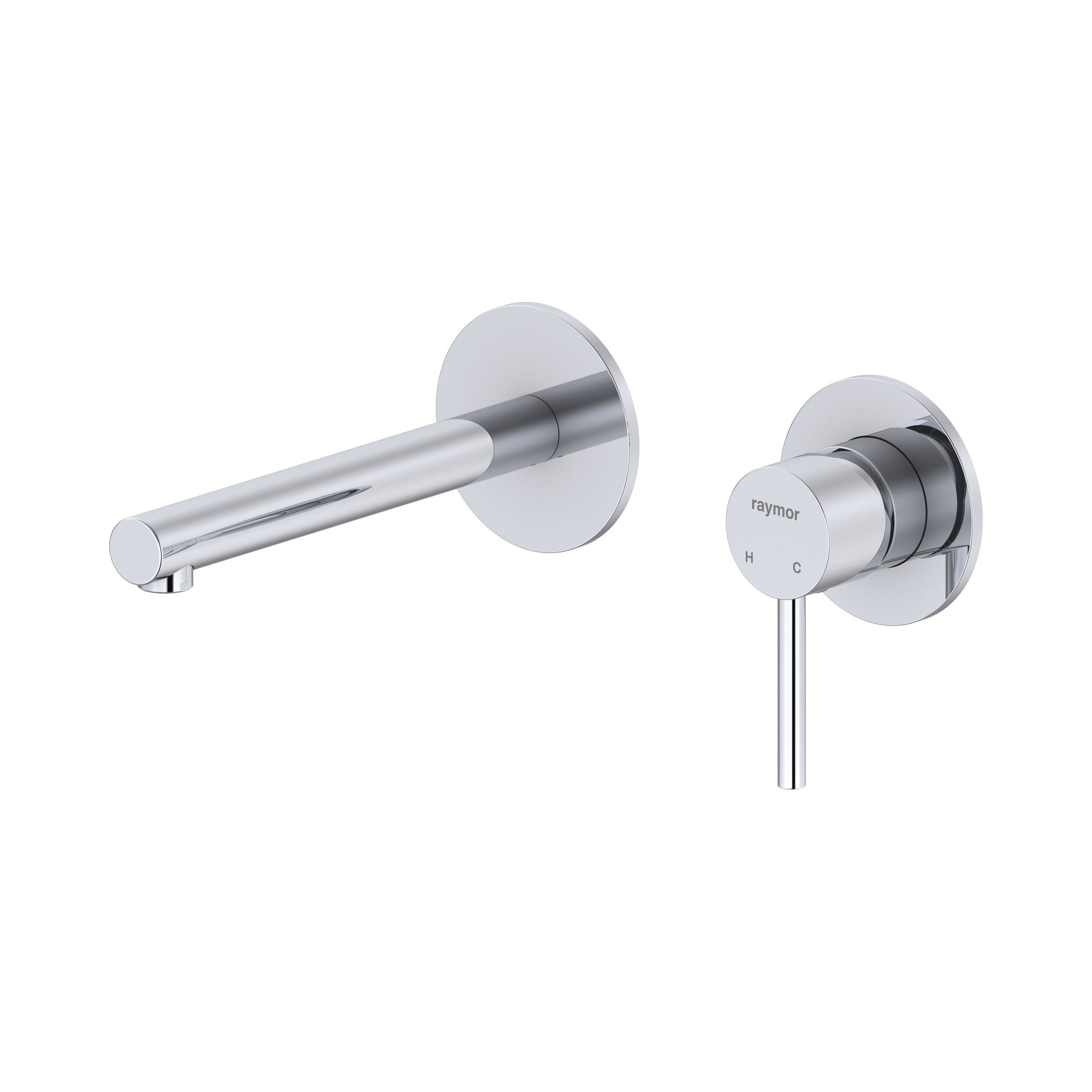 Raymor Projix chrome wall mixer set with 180mm straight spout and pin lever on round plates