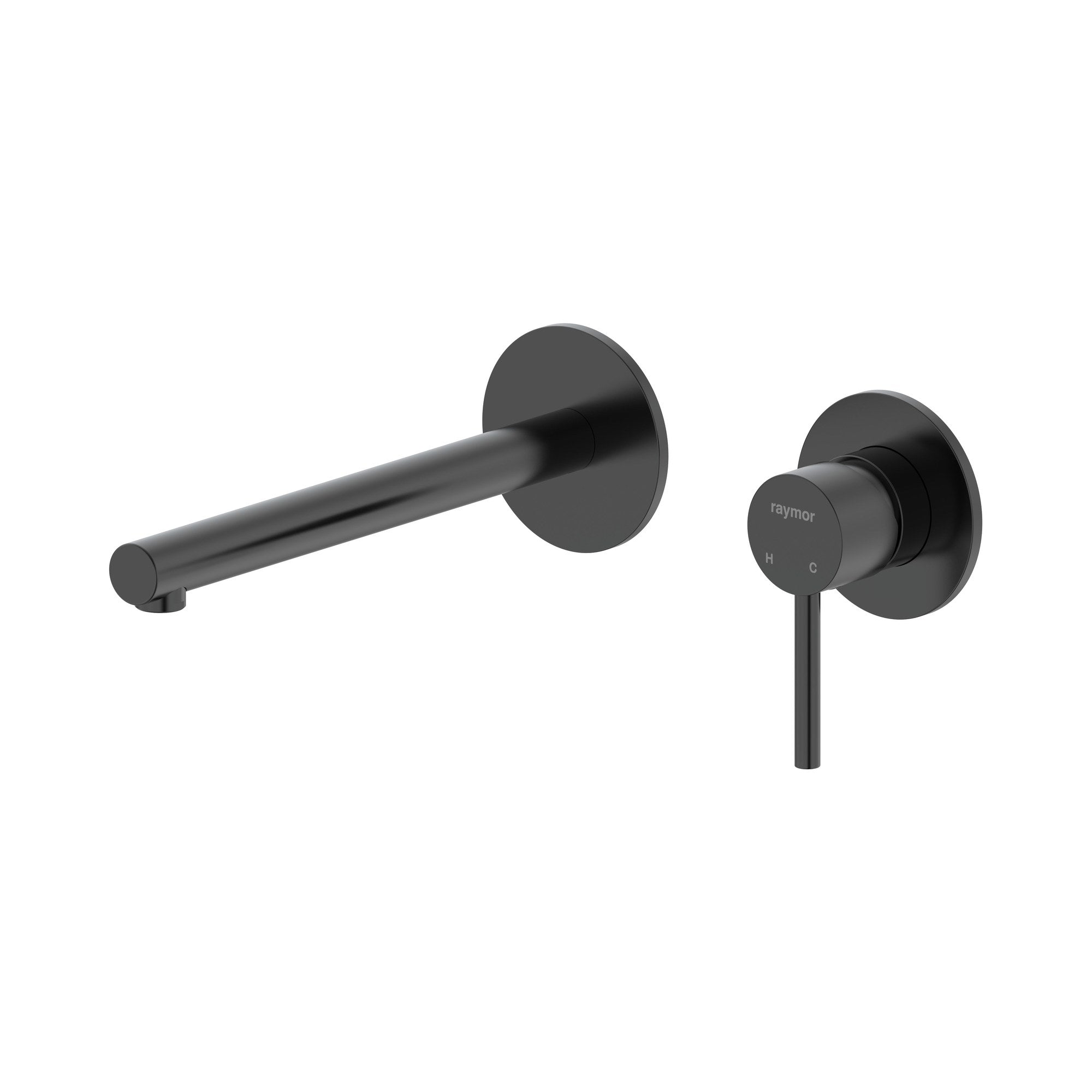 Raymor Projix black wall mixer set with 220mm straight spout and pin lever mixer, wall mounted on white background