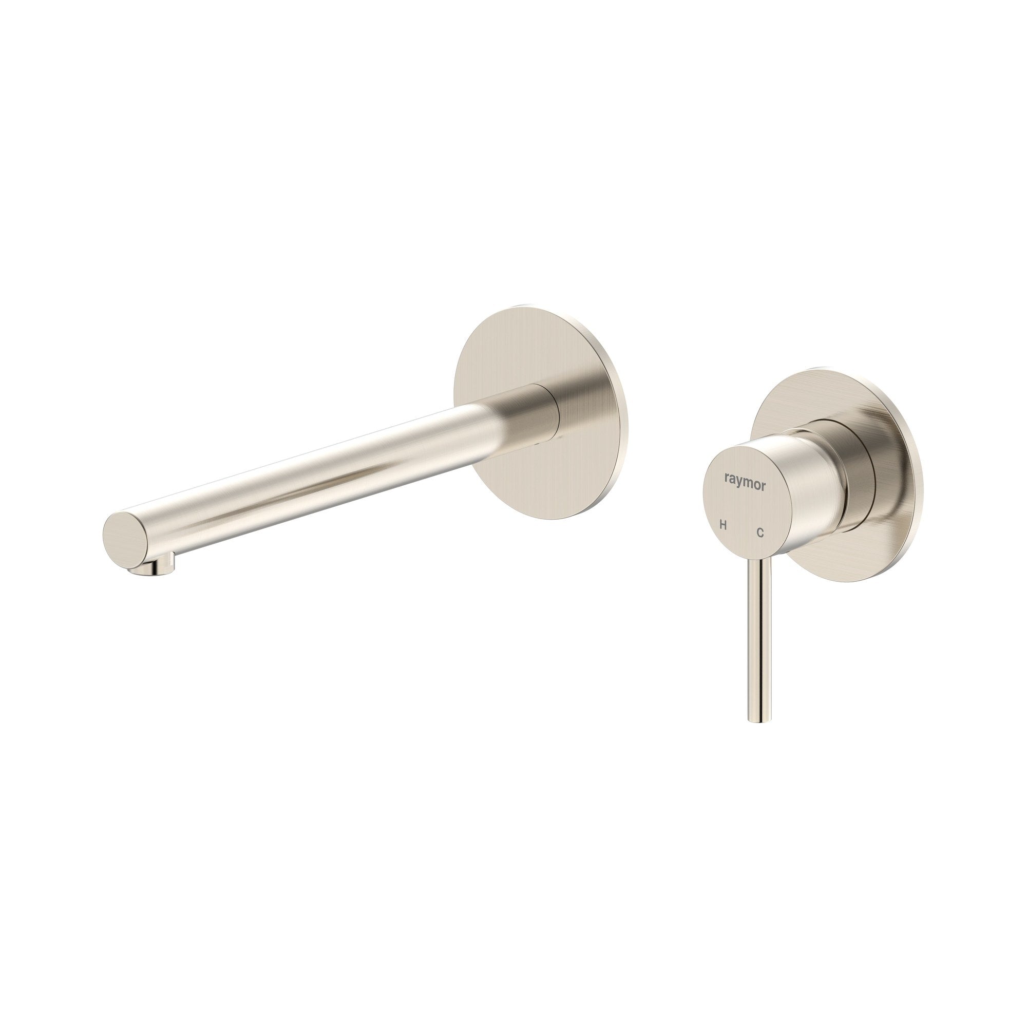 Raymor Projix straight wall mixer set with 220mm spout in brushed nickel, wall-mounted tap set on white background
