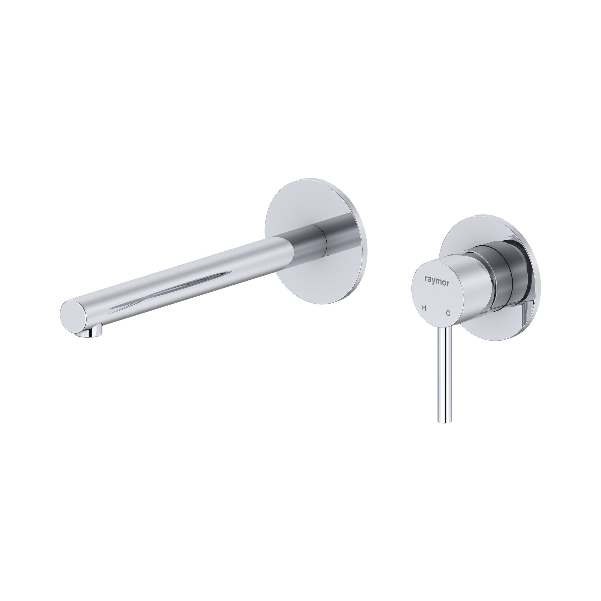 Raymor Projix chrome wall mixer set with 220mm straight spout, wall-mounted tap pair on white background
