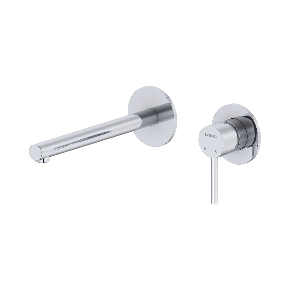 Raymor Projix chrome wall mixer set with 220mm straight spout, wall-mounted tap pair on white background
