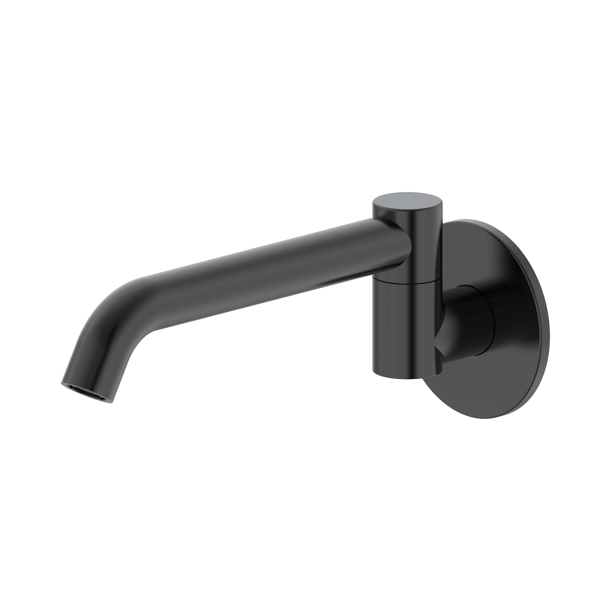 Raymor Projix black swivel basin or bath spout, wall-mounted with round backplate, side view