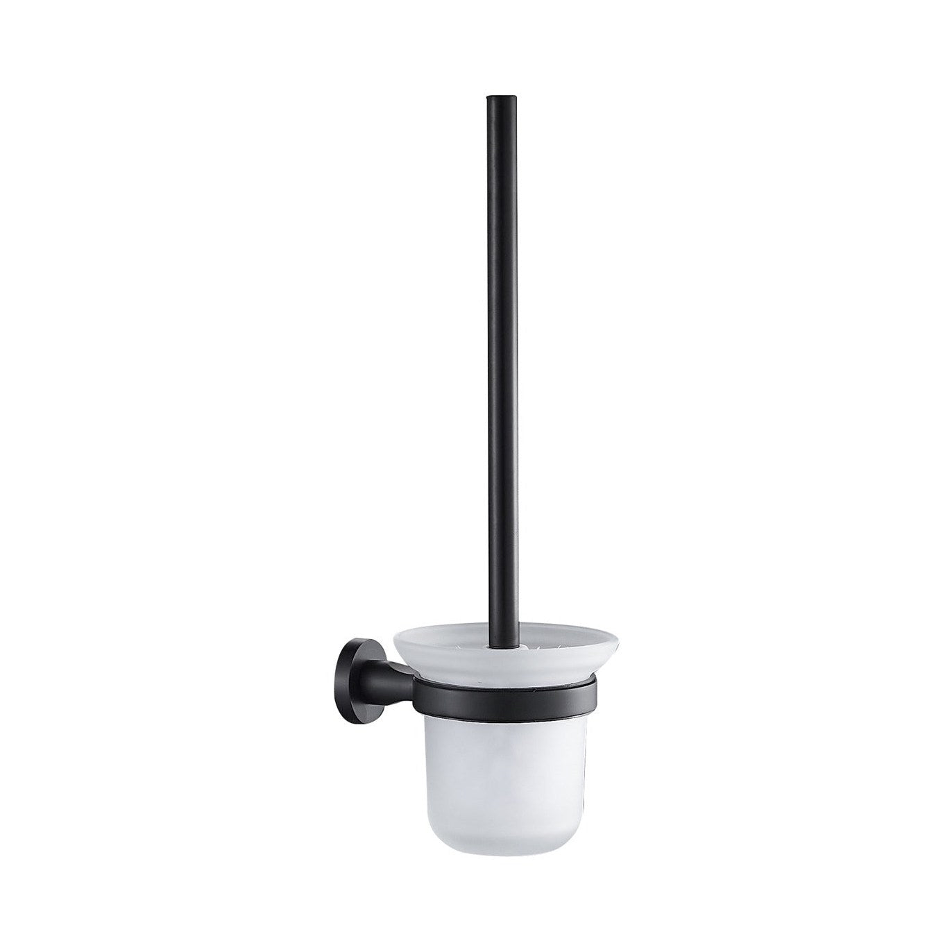 Raymor Projix wall-mounted toilet brush holder, black finish with frosted glass cup and round backplate