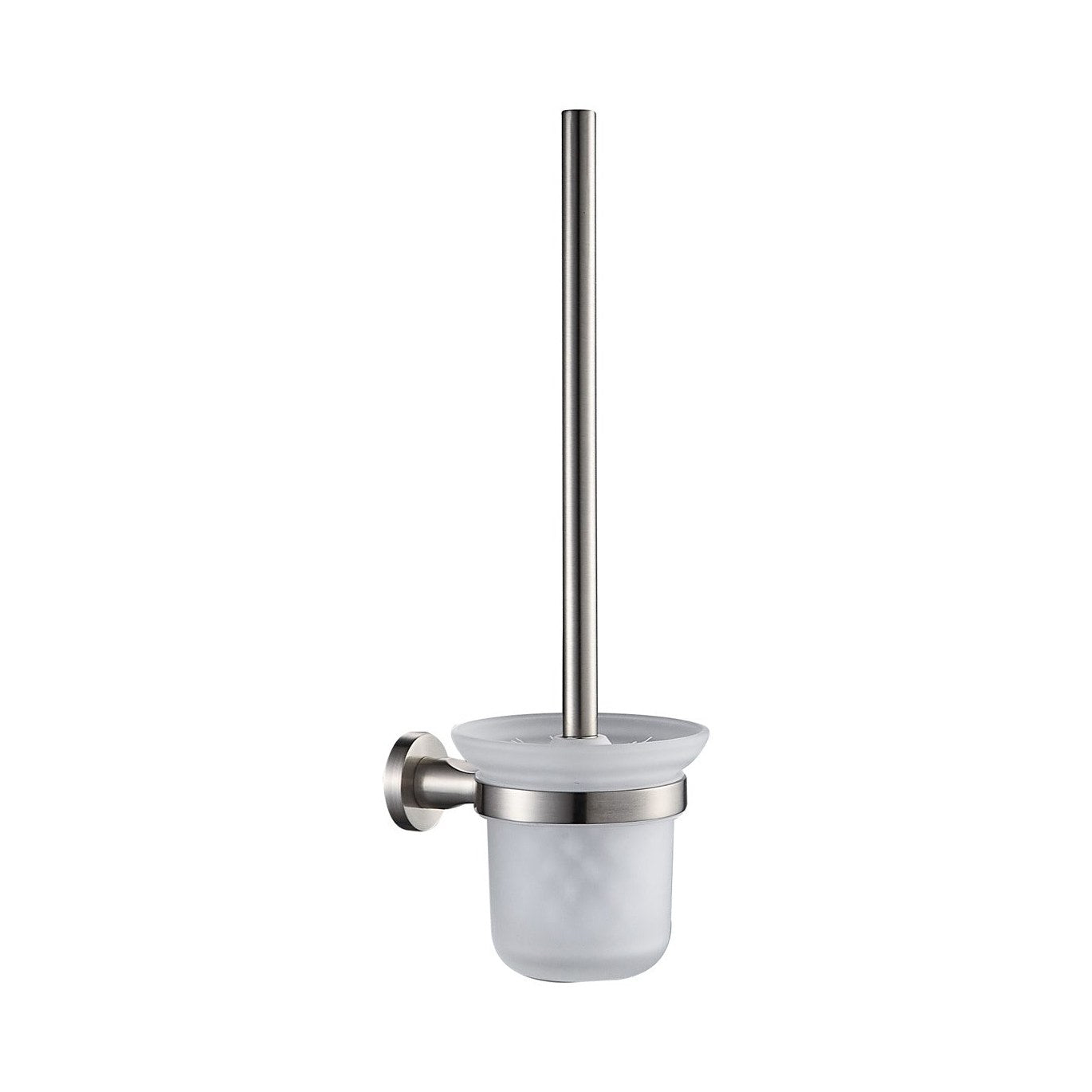 Raymor Projix wall-mounted toilet brush holder in brushed nickel with frosted glass cup and metal brush handle