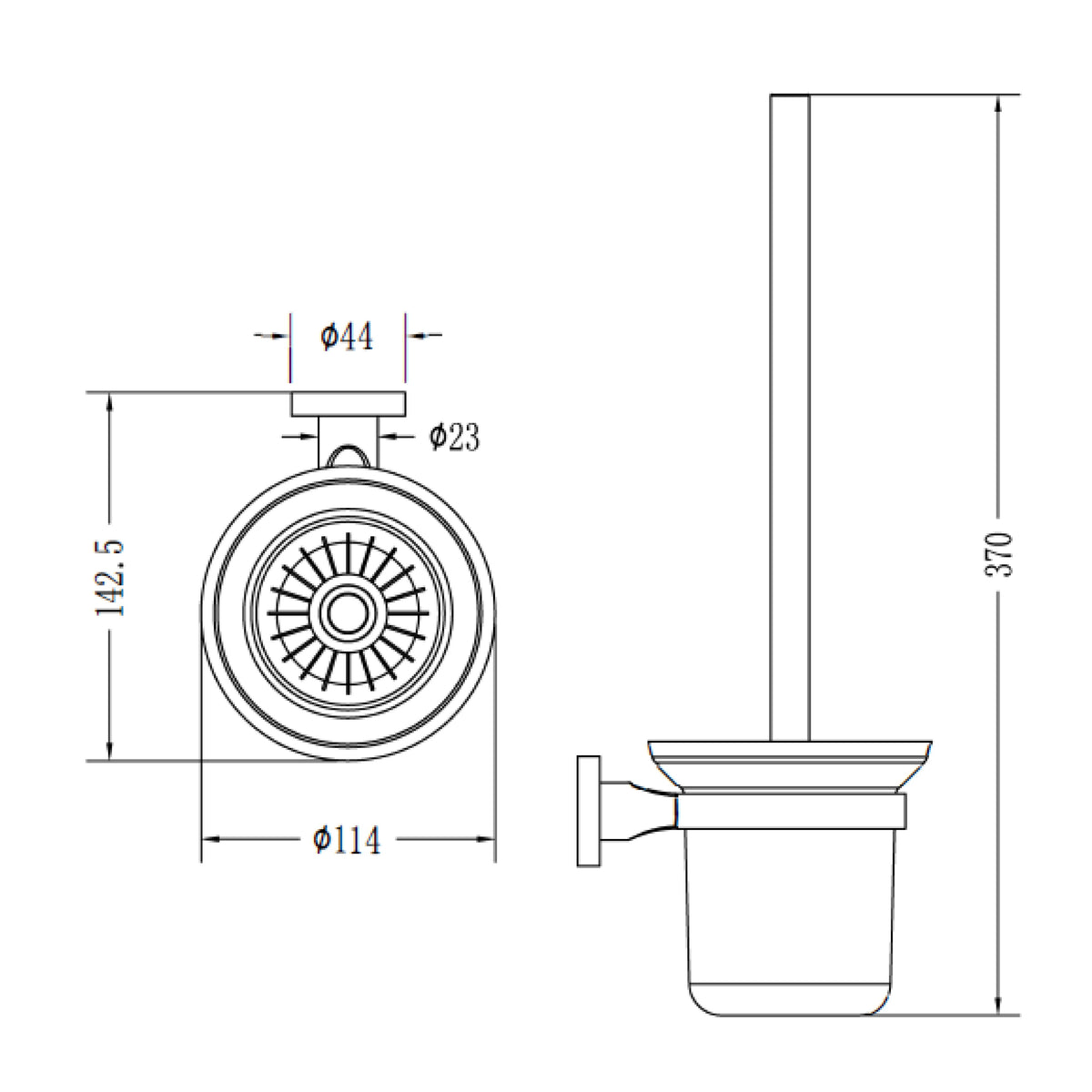 Raymor Projix chrome wall-mounted toilet brush holder technical drawing with dimensions
