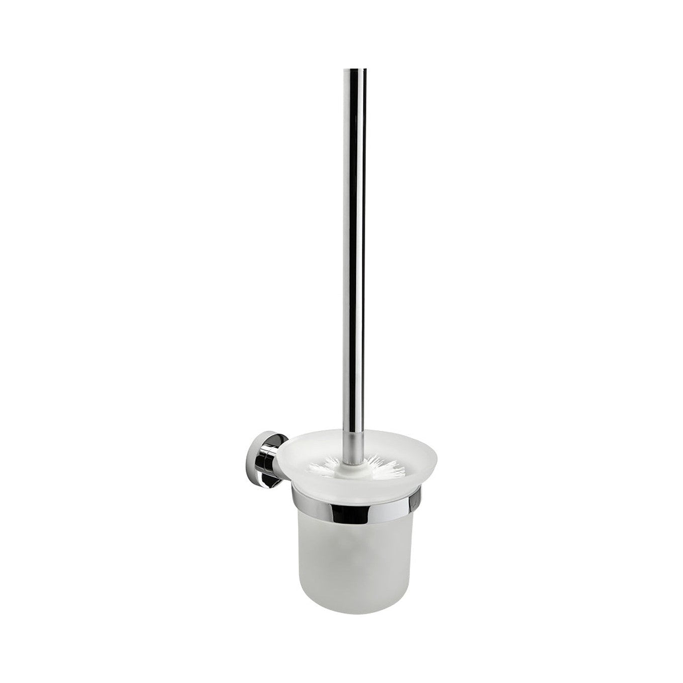 Raymor Projix chrome wall-mounted toilet brush holder with frosted glass cup and metal brush handle