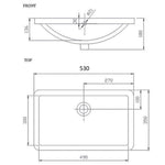 Raymor Projix under counter basin technical drawing, white rectangular 530 x 350mm, front and top dimensions shown