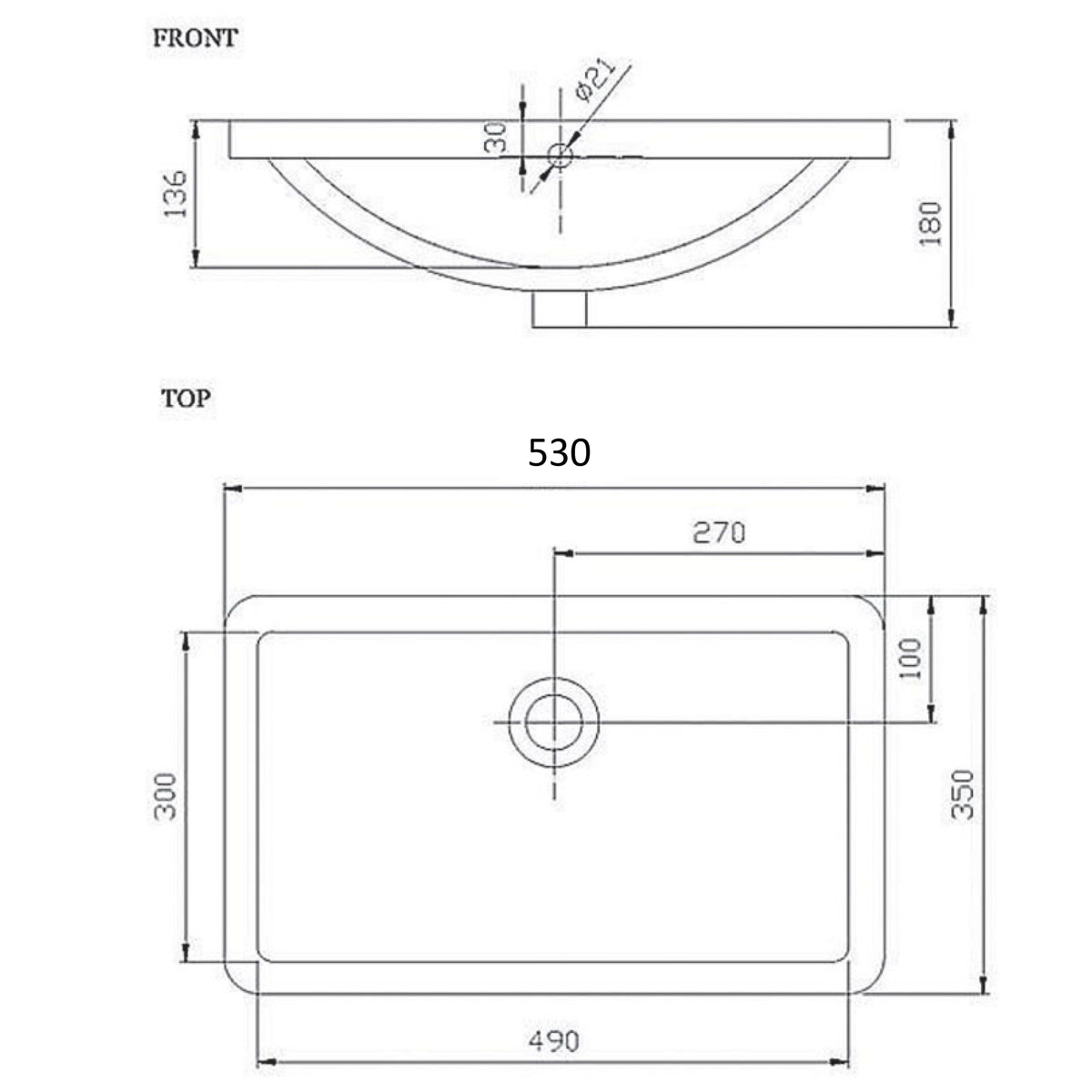 Raymor Projix under counter basin technical drawing, white rectangular 530 x 350mm, front and top dimensions shown