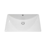 Raymor white rectangular under counter basin with overflow and chrome waste, front view