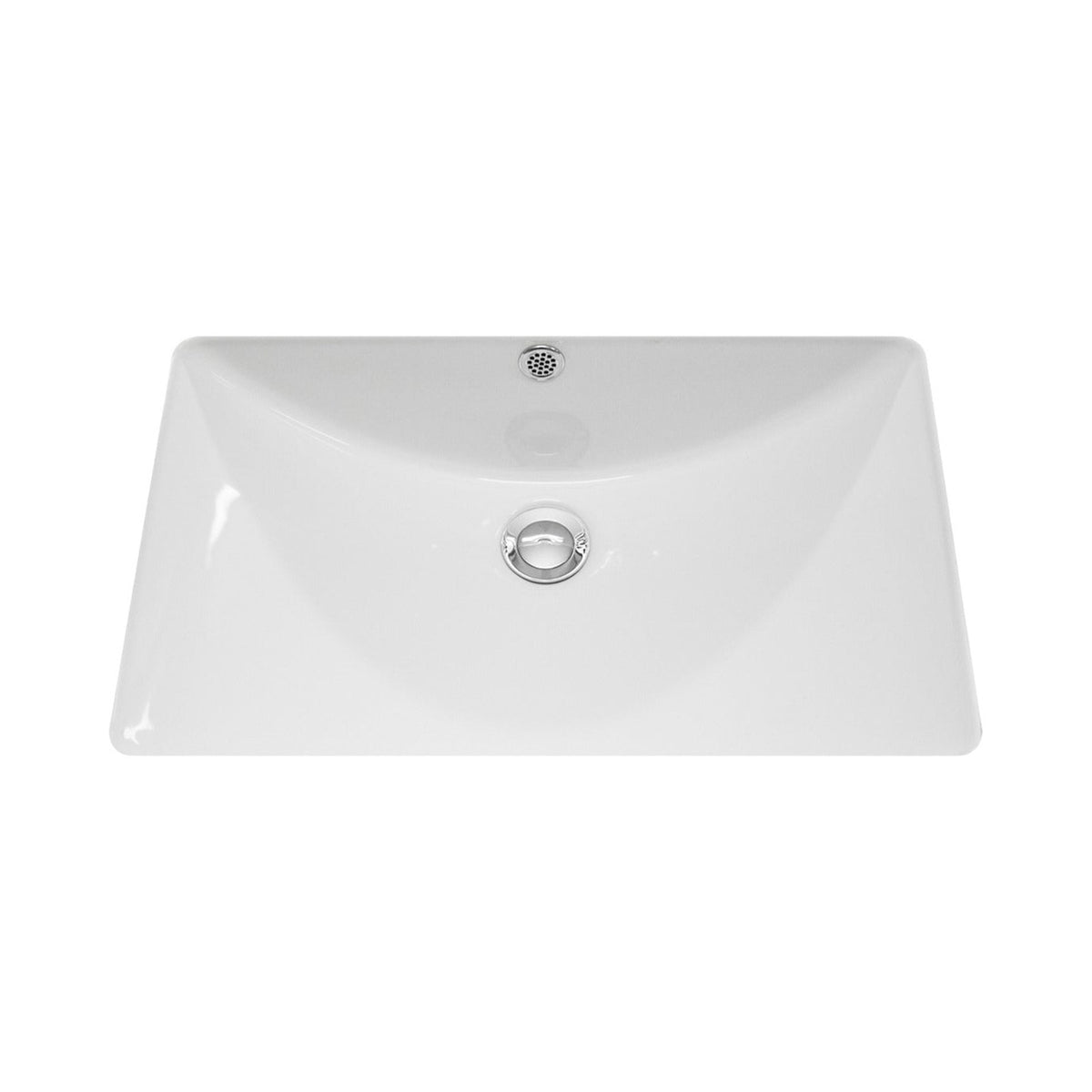 Raymor white rectangular under counter basin with overflow and chrome waste, front view