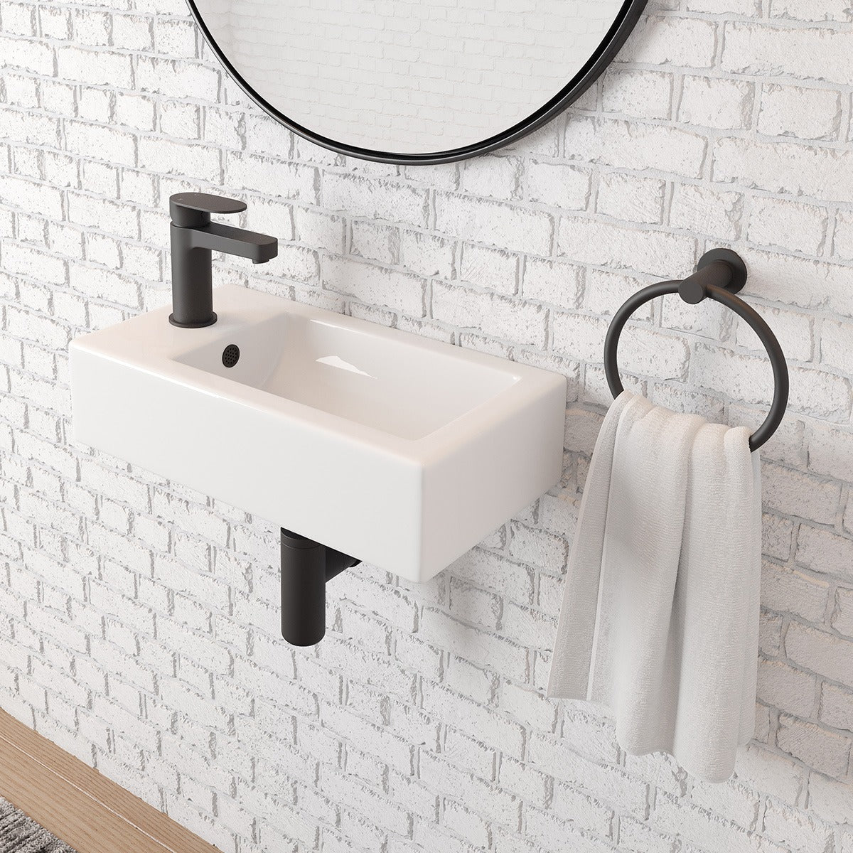 Raymor Projix wall hung basin, white rectangular ceramic with left-hand bowl, black tap, in bathroom setting