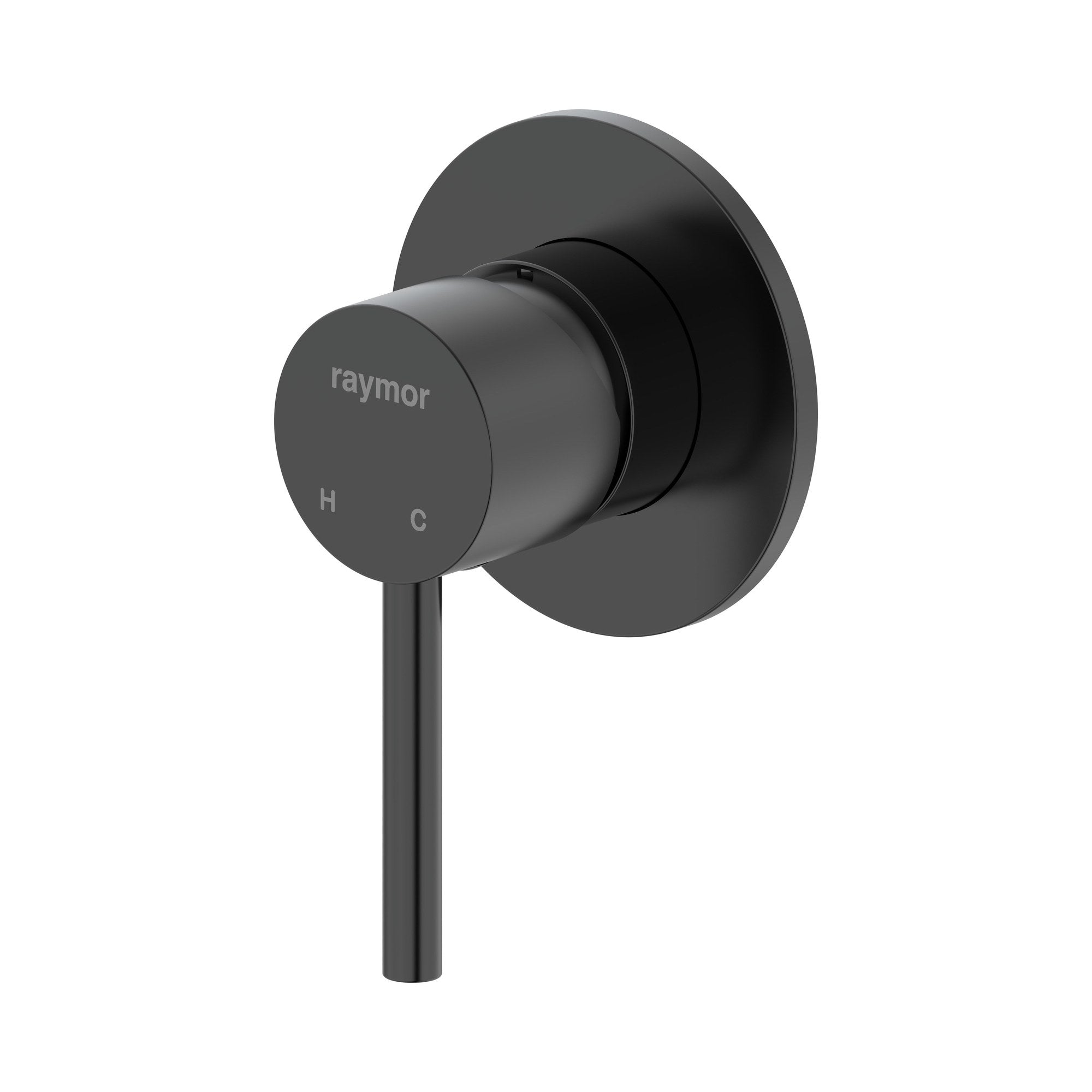 Raymor Projix black wall mixer with round wall plate and single lever handle, shown front on against white background