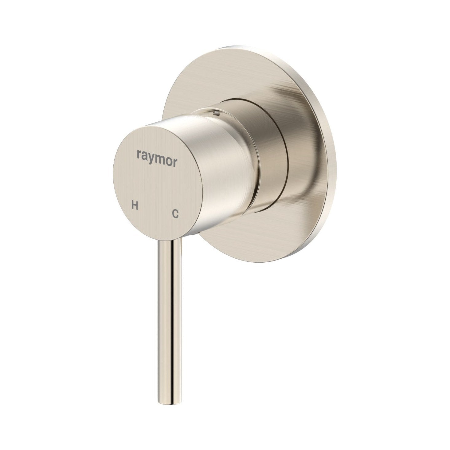 Raymor Projix brushed nickel wall mixer with pin lever and round wall plate, front view on white background