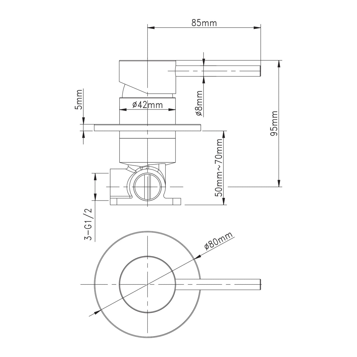 Technical drawing of Raymor Projix chrome wall mixer with dimensions and installation measurements