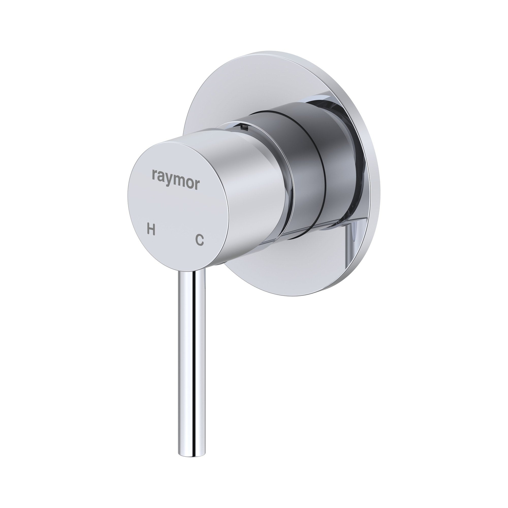 Raymor Projix chrome wall mixer with round wall plate and pin lever handle on white background