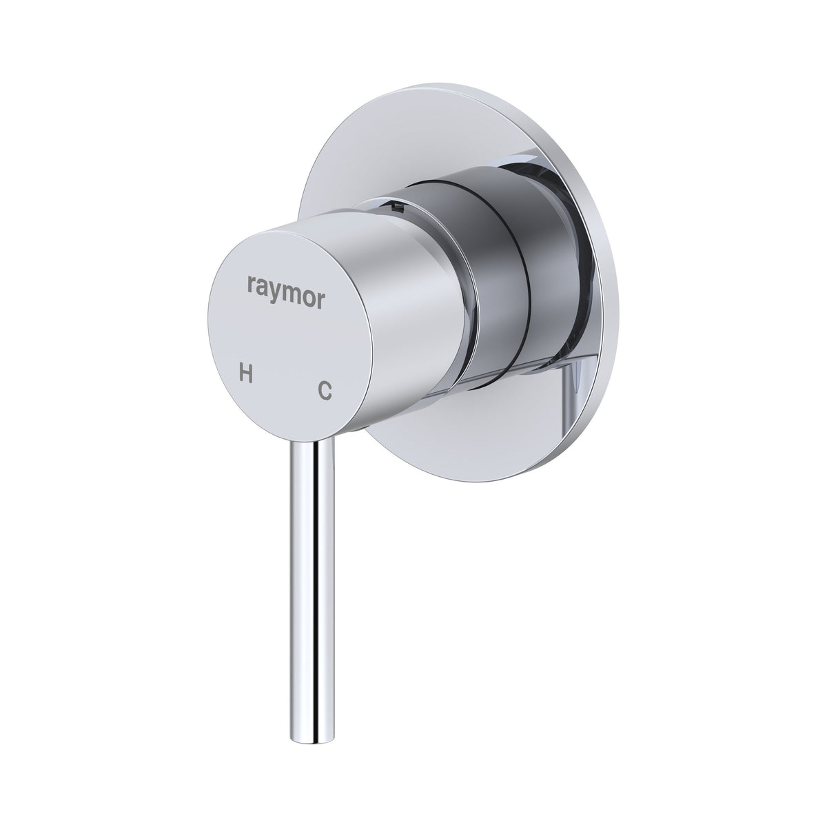 Raymor Projix chrome wall mixer with round wall plate and pin lever handle on white background