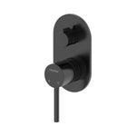 Raymor Projix black wall mixer and diverter with round plate and pin lever handle, front view