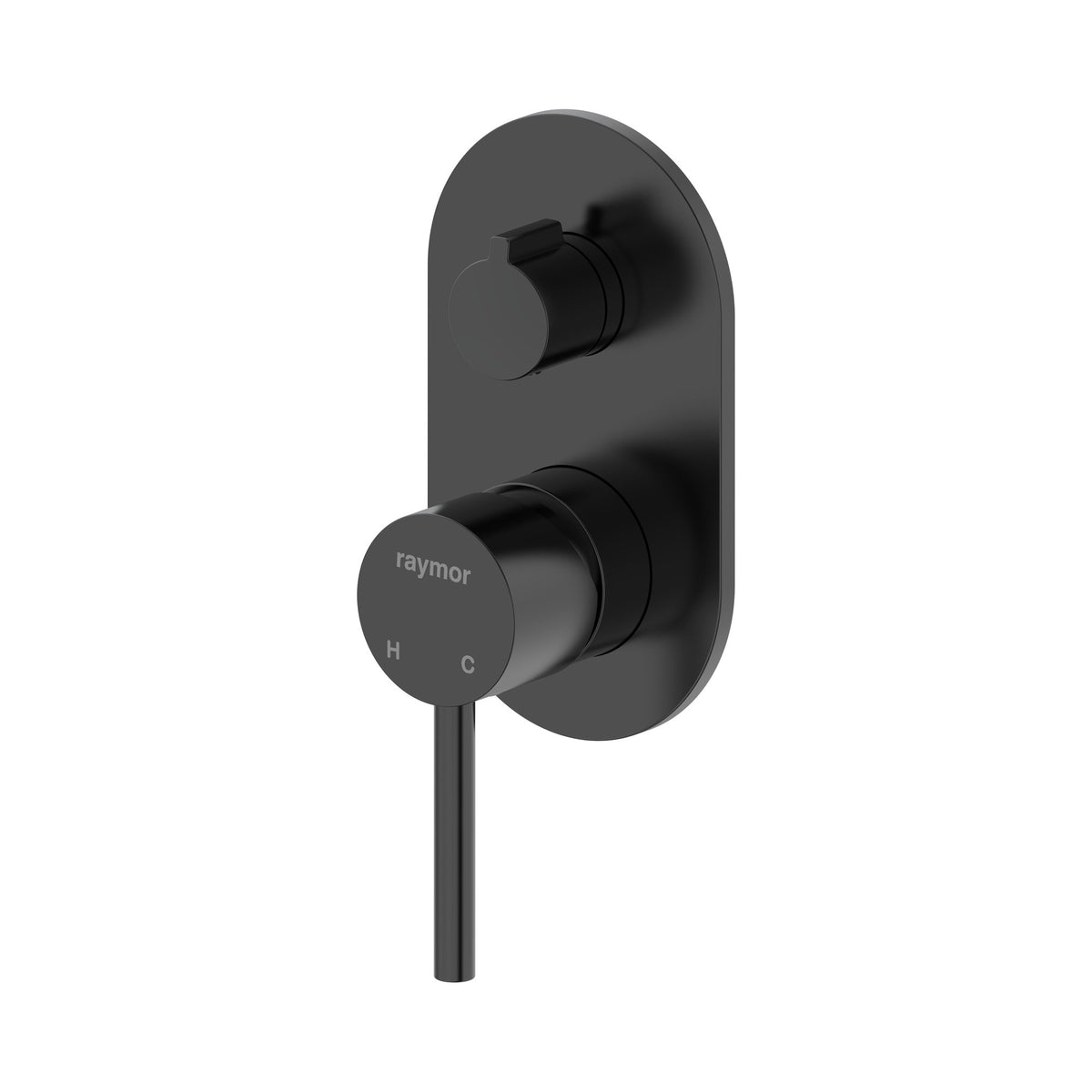 Raymor Projix black wall mixer and diverter with round plate and pin lever handle, front view