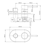 Technical drawing of Raymor Projix wall mixer and diverter with dimensions, top and side views, brushed nickel finish indicated