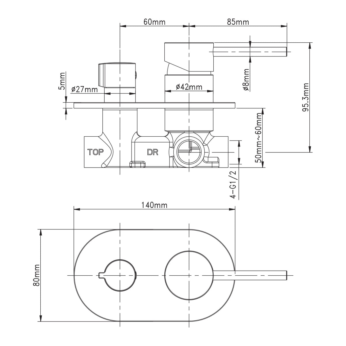 Technical drawing of Raymor Projix wall mixer and diverter with dimensions, top and side views, brushed nickel finish indicated