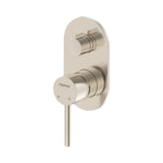 Raymor Projix wall mixer and diverter in brushed nickel, with round wall plate and pin lever handle on white background